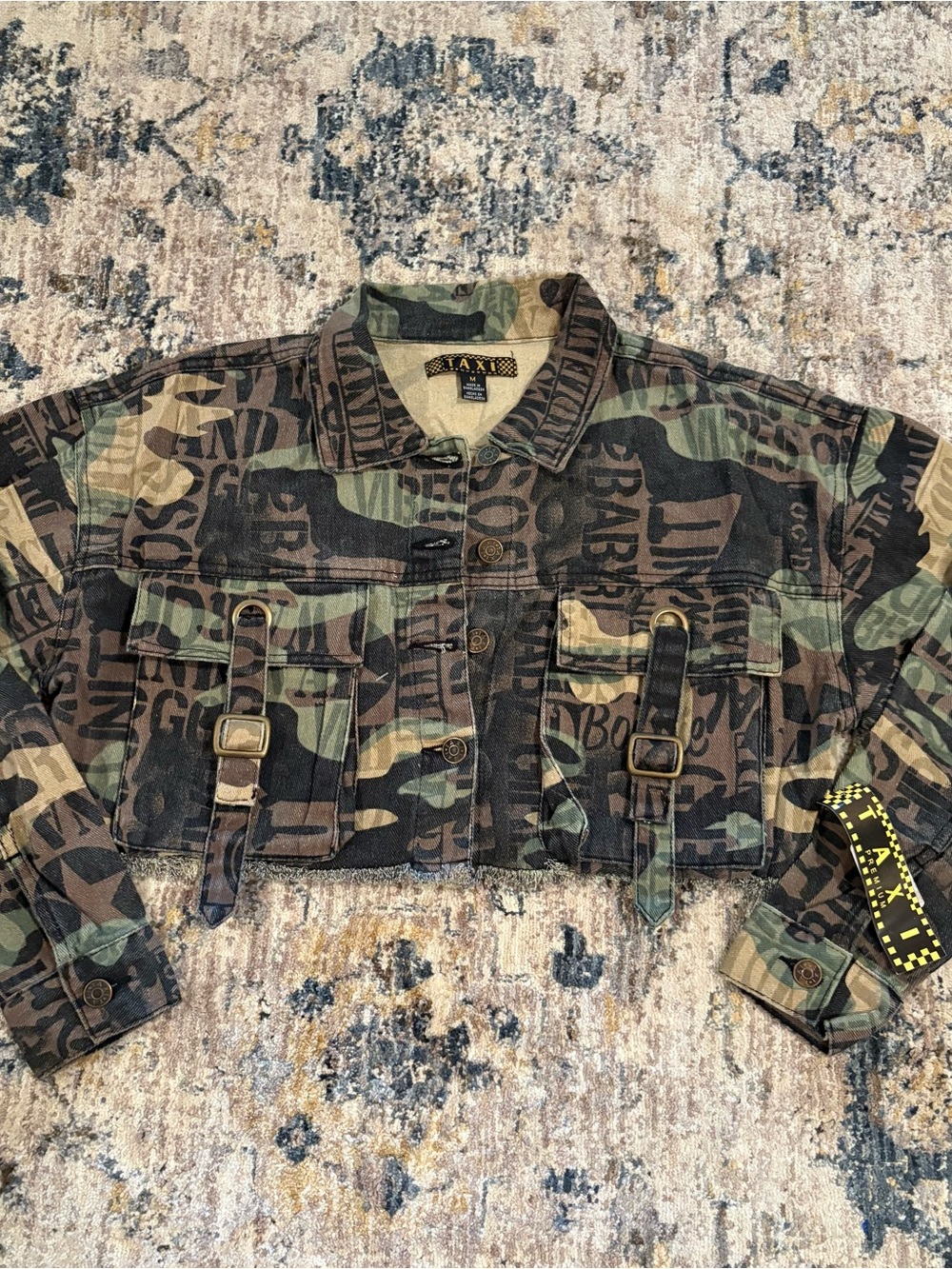 NWT Taxi Vtg 90s Cropped Camo Denim Jacket Womens Medium Milit Hip Hop Grunge